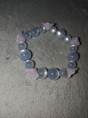 Blue Frosted Bead Stretch Bracelet with Pink Flower Accents - Handmade Jewelry